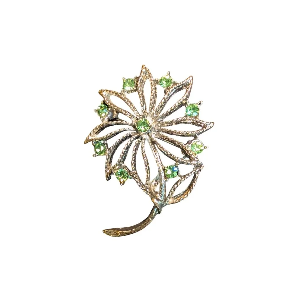 Vintage Silver Tone Green Rhinestone Floral Spray Brooch Pin 2 Inch